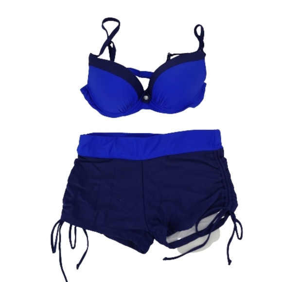 New 2 Piece Bikini Boy Shorts Blue Patchwork Set M - Picture 2 of 9